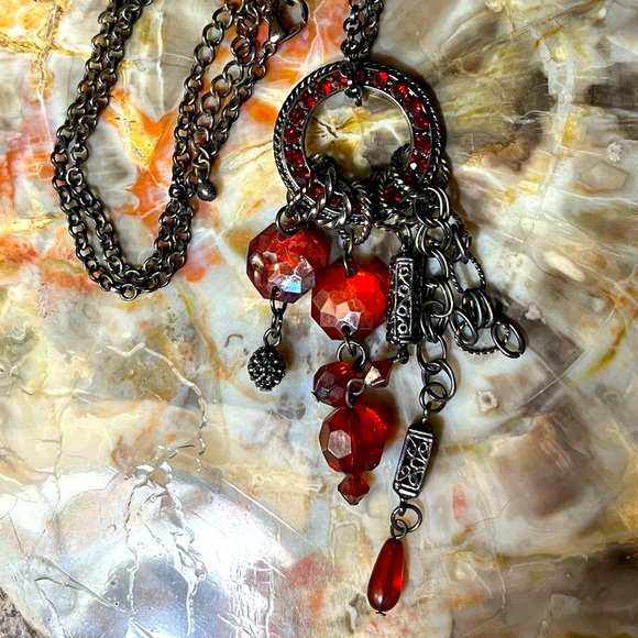 Red/ Orange Crystals Silver Link Necklace - Picture 1 of 2